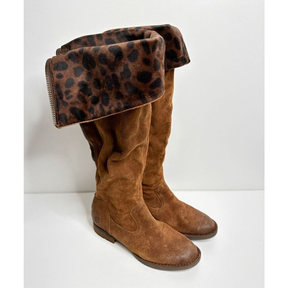 Born Malena‎ Tan Suede Leopard Print Cuff Tall Boots Back Zip 5.5M - Picture 3 of 9